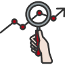Interest Sensitive Plan Icon - a hand holding a magnifying glass examining a graph line with data points
